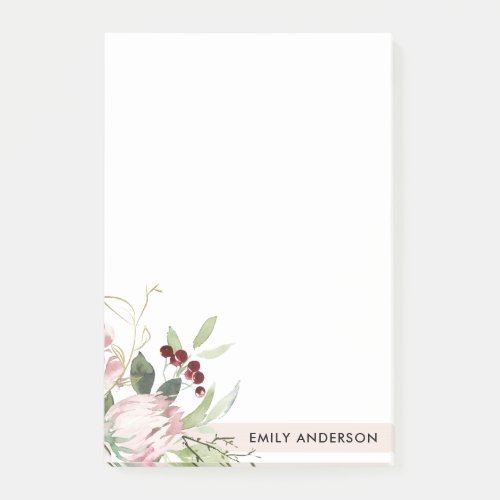 BLUSH PINK BURGUNDY PROTEA FLORAL WATERCOLOR POST_IT NOTES