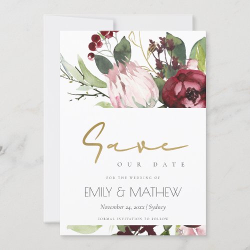 BLUSH PINK BURGUNDY PROTEA FLORAL WATERCOLOR SAVE THE DATE