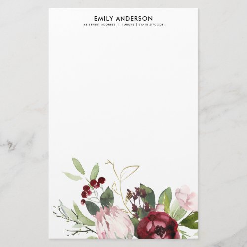 BLUSH PINK BURGUNDY PROTEA FLORAL WATERCOLOR STATIONERY