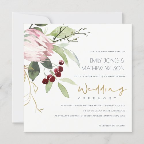 BLUSH PINK BURGUNDY PROTEA FLORAL WEDDING INVITATION