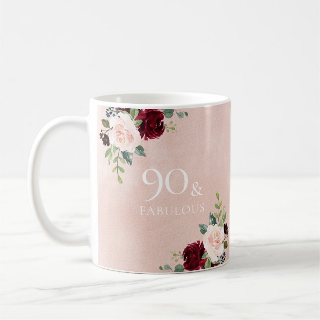 Blush Pink Burgundy Red 90th Birthday Party Gift Coffee Mug (Left)