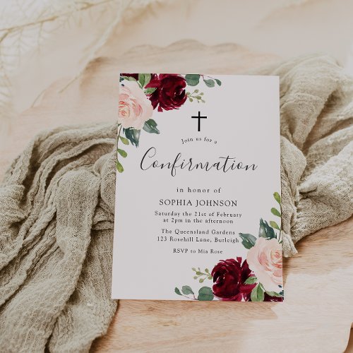 Blush Pink Burgundy Red Floral Cross Confirmation 