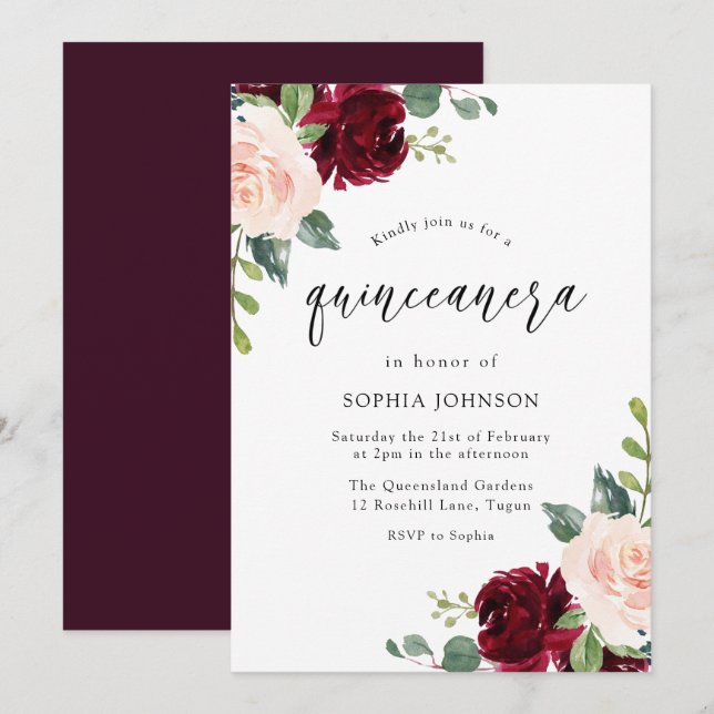 Blush Pink Burgundy Red Floral Quinceanera Party Invitation (Front/Back)