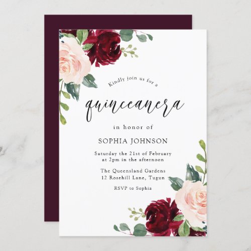 Blush Pink Burgundy Red Floral Quinceanera Party Invitation