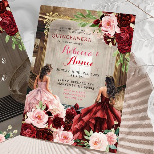 Blush Pink Burgundy Red Floral Twins Quinceaera Invitation