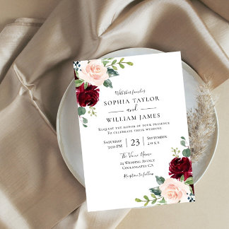 Blush Pink & Burgundy Red Floral Wedding Invitation