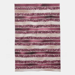 Blush Pink Burgundy Red Rose Glitter Stripes       Kitchen Towel