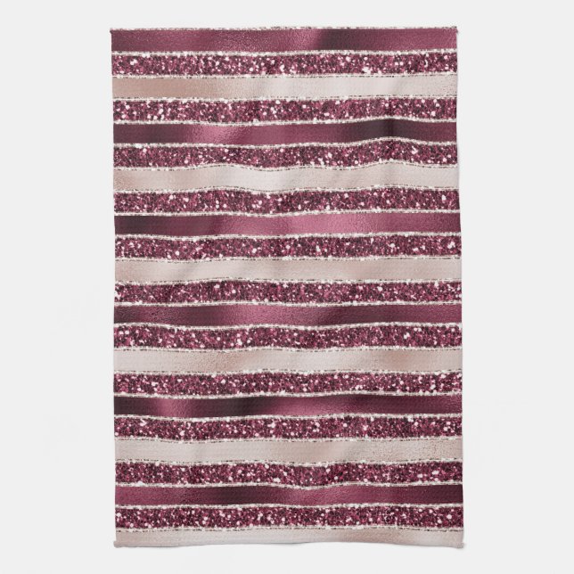 Blush Pink Burgundy Red Rose Glitter Stripes       Kitchen Towel (Vertical)