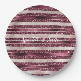 Blush Pink Burgundy Red Rose Glitter Stripes Paper Plates