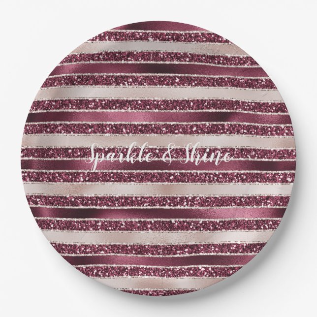 Blush Pink Burgundy Red Rose Glitter Stripes      Paper Plates (Front)