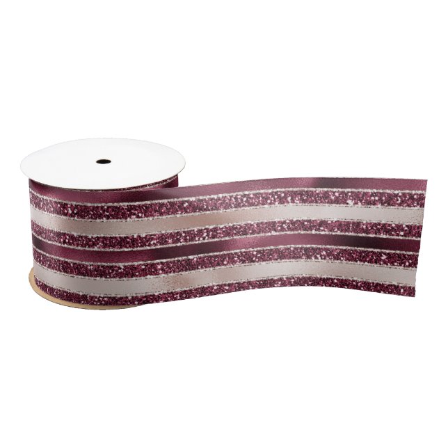Blush Pink Burgundy Red Rose Glitter Stripes    Satin Ribbon (Spool)