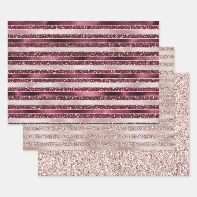 Blush Pink Burgundy Red Rose Glitter Stripes       Wrapping Paper Sheets (Set)