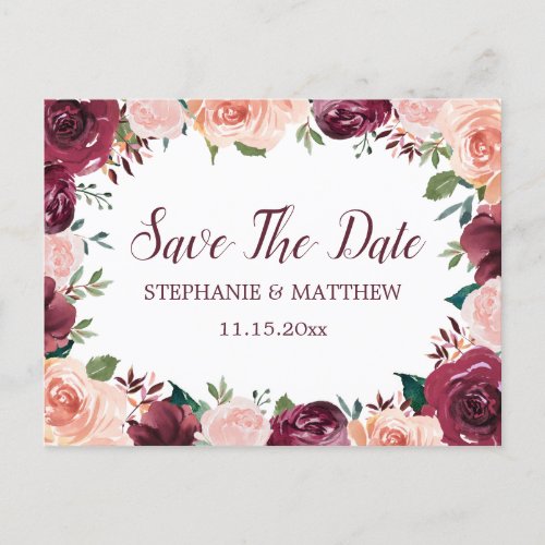 Blush Pink Burgundy Rose Border Save The Date Announcement Postcard