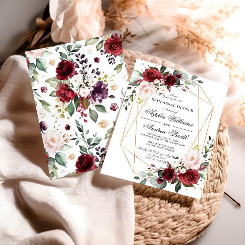 Blush Pink  Burgundy Rose Rehearsal Dinner Invitation