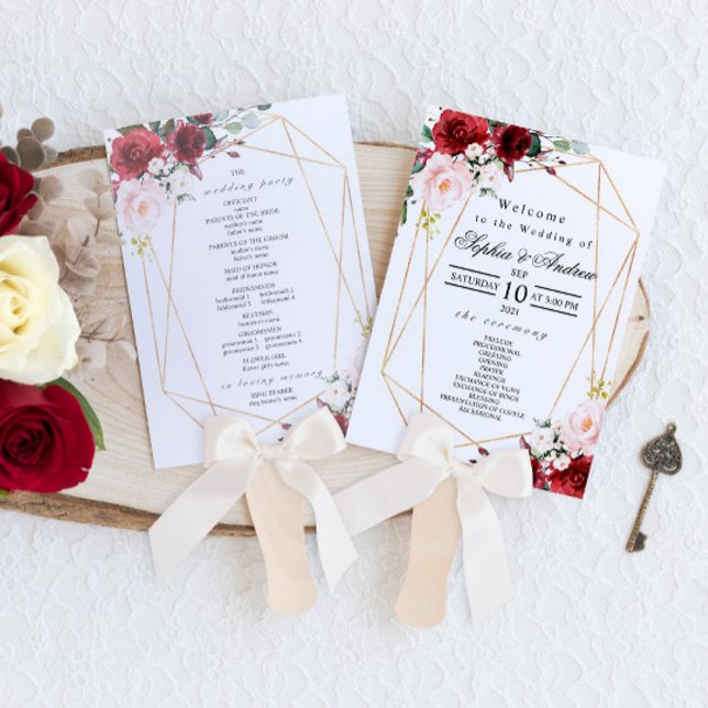 Blush Pink & Burgundy Rose Wedding Program Hand Fan (Creator Uploaded)