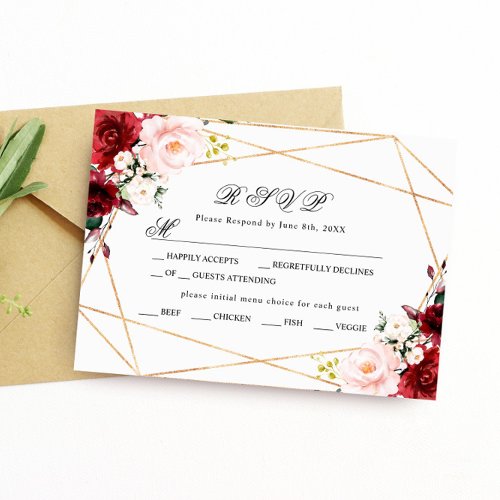 Blush Pink  Burgundy Rose Wedding RSVP Card