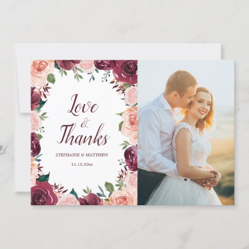 Blush Pink Burgundy Roses Border Wedding Photo Thank You Card