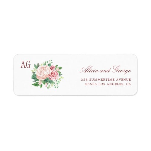 Blush Pink Burgundy Roses Monogrammed Wedding Label