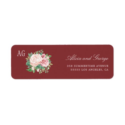 Blush Pink Burgundy Roses Monogrammed Wedding Label