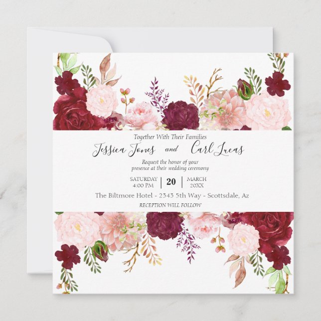 Blush Pink Burgundy Watercolor Floral Square Invitation (Front)