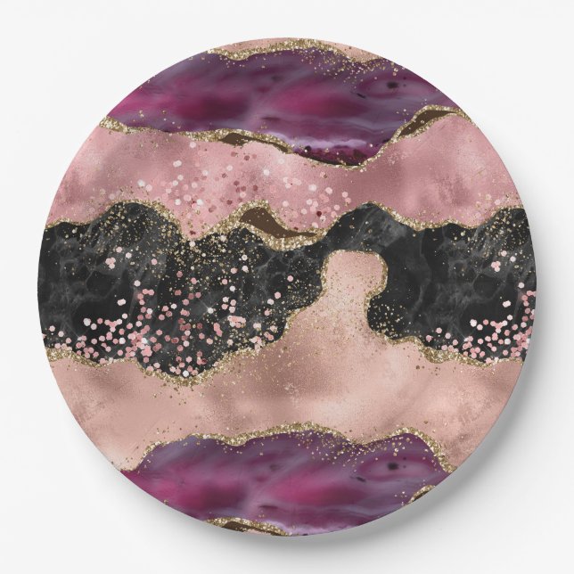 Blush Pink Burgundy Wine Gold Black Glitter Paper Plates (Front)