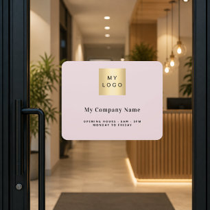 Blush pink business logo name opening hours door sign