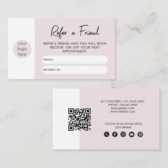 Blush Pink Business Refer A Friend Referral Card (Front/Back)