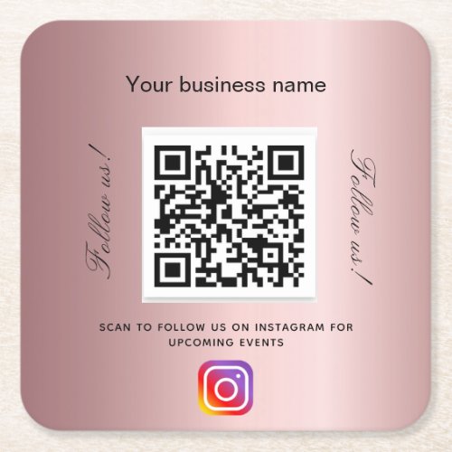 Blush pink business salon name qr code Instagram Square Paper Coaster