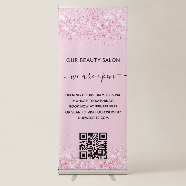 Blush pink business salon qr code retractable banner (Front)