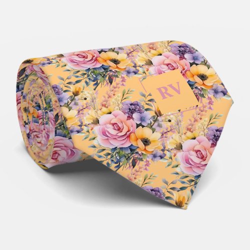 Blush Pink Buttercream Yellow  Watercolor Flowers Neck Tie