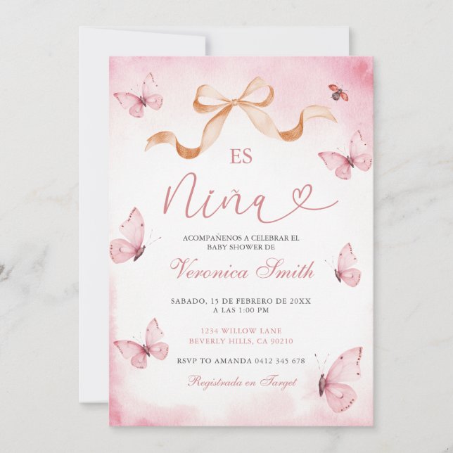 Blush Pink Butterflies Es Nina Baby Shower  Invitation (Front)