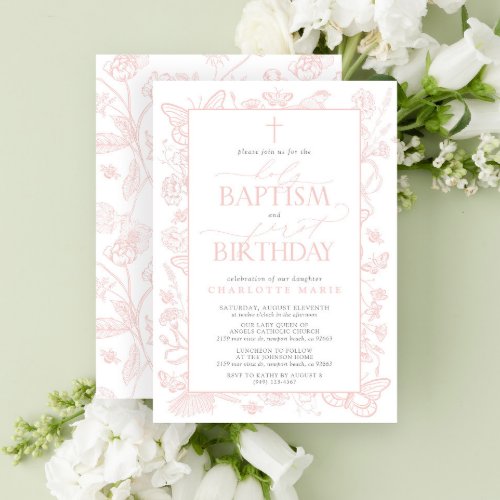 Blush Pink Butterflies Holy Baptism  1st Birthday Invitation
