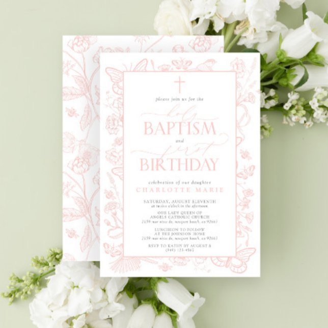 Blush Pink Butterflies Holy Baptism & 1st Birthday Invitation (Easily personalize this beautiful baptism and first birthday invitation with your personal details)