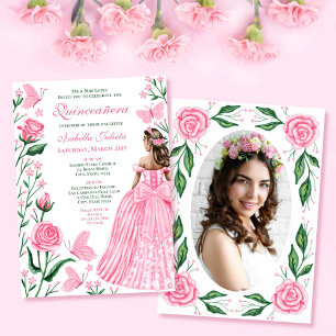 Blush Pink Butterflies Princess Photo Quinceanera Invitation