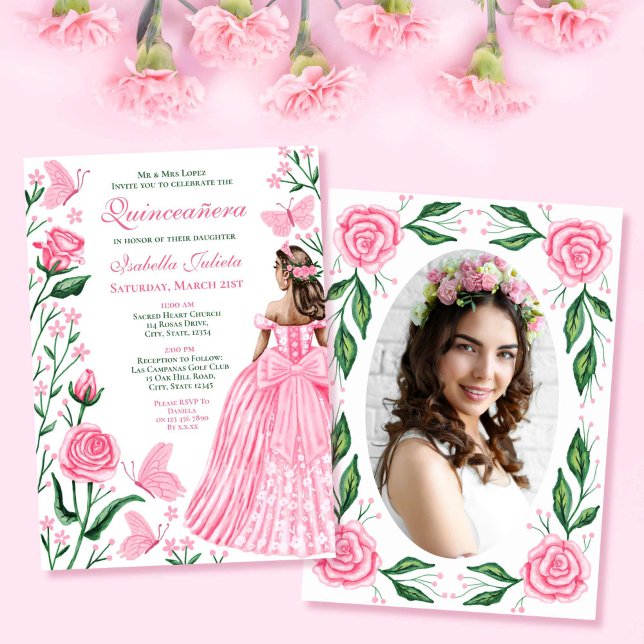 Blush Pink Butterflies Princess Photo Quinceanera Invitation (Blush Pink Butterflies Princess Photo Quinceanera Invitation)
