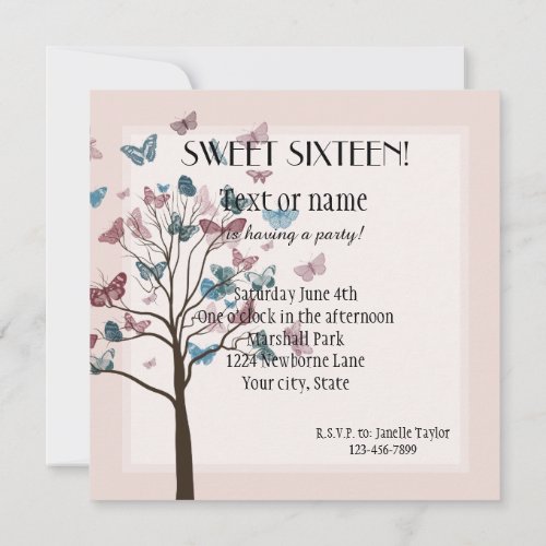 Blush Pink Butterflies Tree Sweet Sixteen Invitation
