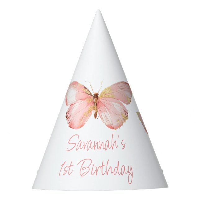 Blush Pink Butterfly 1st Birthday Party Hat (Front)