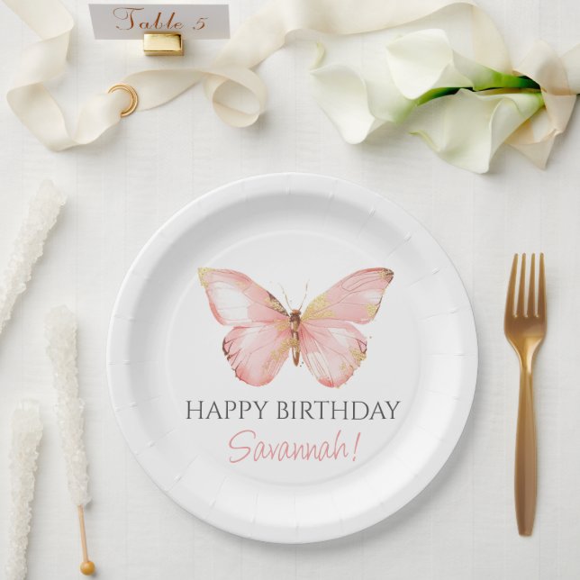 Blush Pink Butterfly 1st Birthday Party Paper Plates (Wedding)
