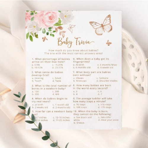 Blush pink butterfly Baby trivia baby shower game