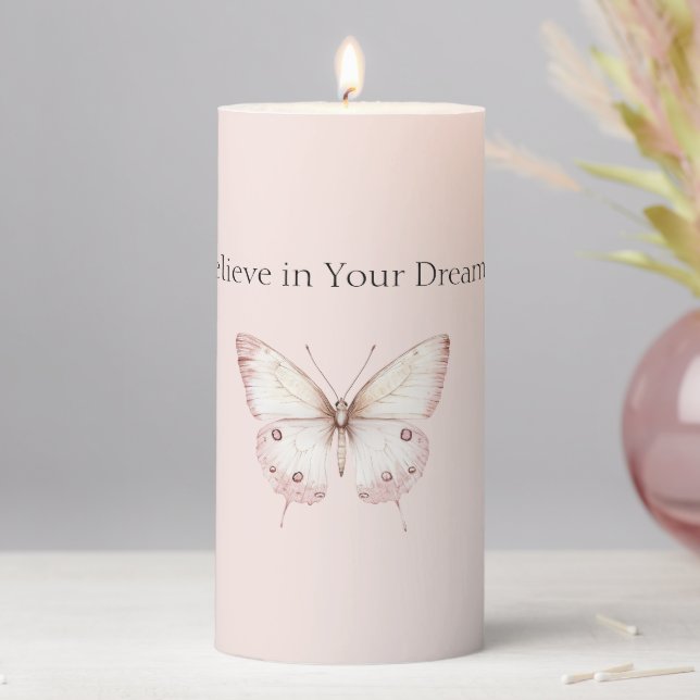 Blush Pink Butterfly Believe in Dreams Pillar Candle (In Situ)