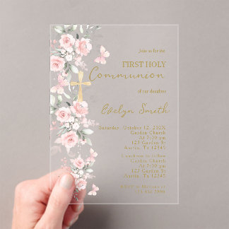 Blush Pink Butterfly First Communion Girl Acrylic Invitations