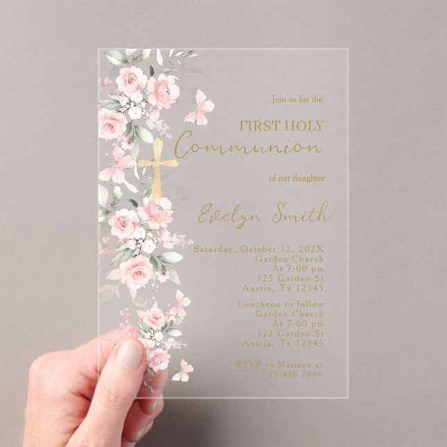 Blush Pink Butterfly First Communion Girl Acrylic Invitations (Insitu (Handheld))
