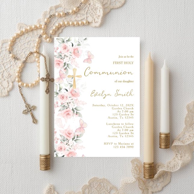 Blush Pink Butterfly First Communion Girl Invitation (Creator Uploaded)