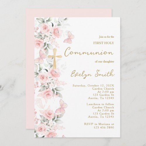 Blush Pink Butterfly First Communion Girl Invitation