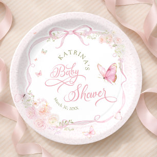 Blush Pink Butterfly Floral Girl Baby Shower Paper Plates