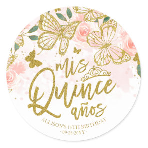 Blush Pink Butterfly Floral Quinceanera Party Classic Round Sticker