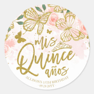 Blush Pink Butterfly Floral Quinceanera Party Classic Round Sticker