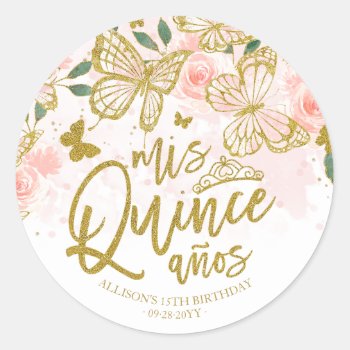 Blush Pink Butterfly Floral Quinceanera Party Classic Round Sticker by StampsbyMargherita at Zazzle