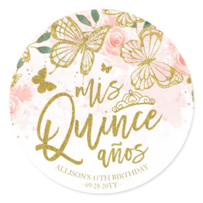 Blush Pink Butterfly Floral Quinceanera Party Classic Round Sticker