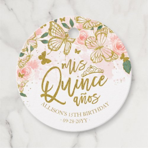 Blush Pink Butterfly Floral Quinceanera Party Favor Tags